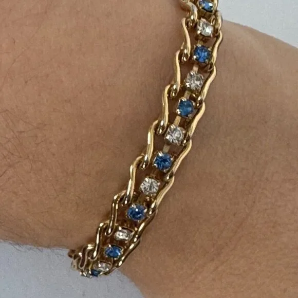 Blue White Rhinestones Tennis Bracelet Gold-Tone Fashion Jewelry - Picture 10 of 10